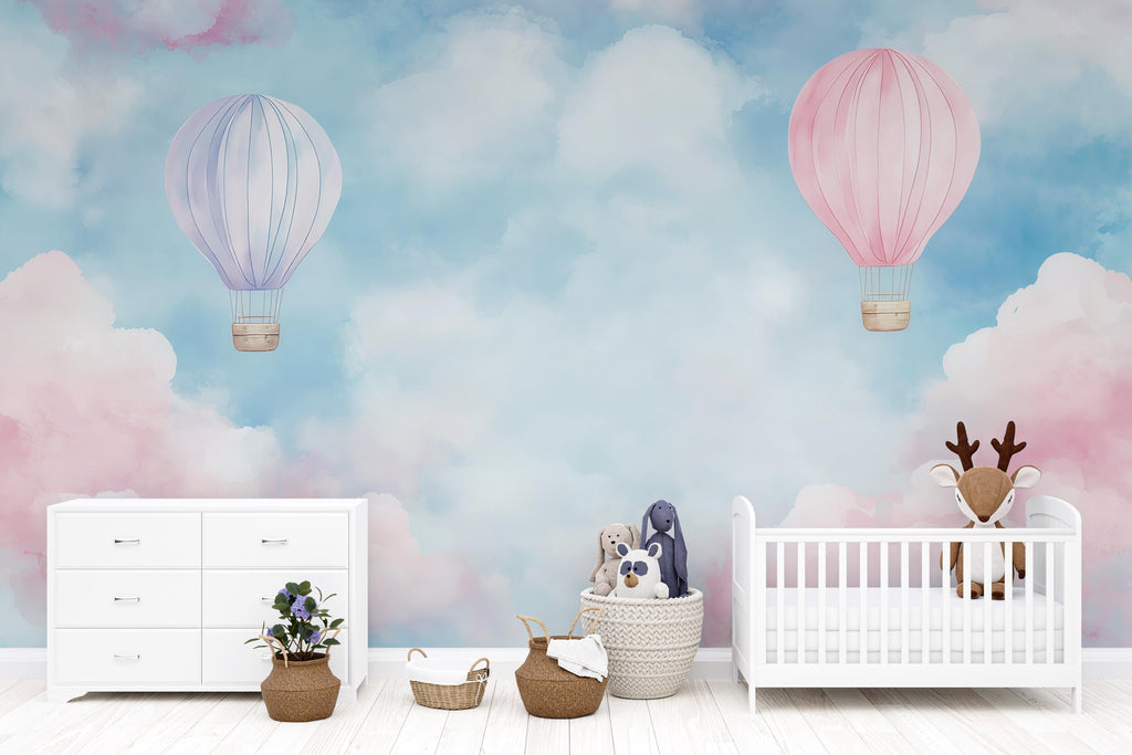 Hot Air Balloon Wallpaper For Nursery – Pink And Lavender Cloud Wall Mural – 3D Peel And Stick Stylish Wall Decor – Modern Bold Baby Shower