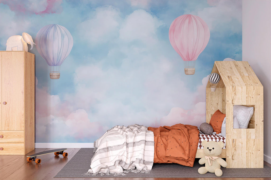 Hot Air Balloon Wallpaper For Nursery – Pink And Lavender Cloud Wall Mural – 3D Peel And Stick Stylish Wall Decor – Modern Bold Baby Shower