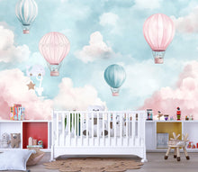 Load image into Gallery viewer, Hot Air Balloon Wallpaper For Nursery – Pink And Teal Cloud Wall Mural – 3D Peel And Stick Stylish Kids Room Decor – Modern Bold Baby