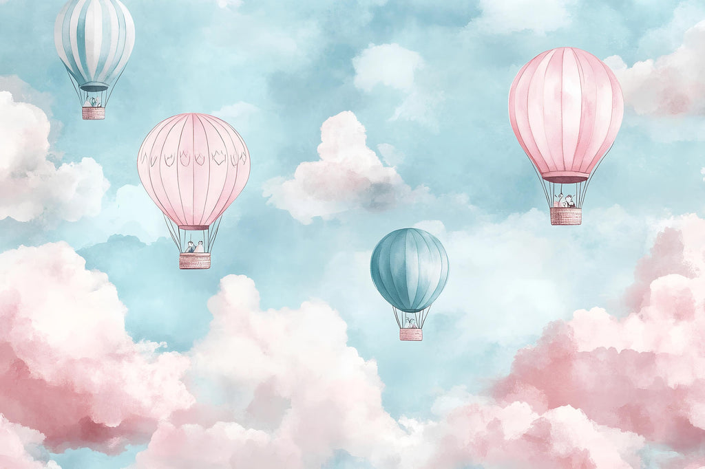 Hot Air Balloon Wallpaper For Nursery – Pink And Teal Cloud Wall Mural – 3D Peel And Stick Stylish Kids Room Decor – Modern Bold Baby