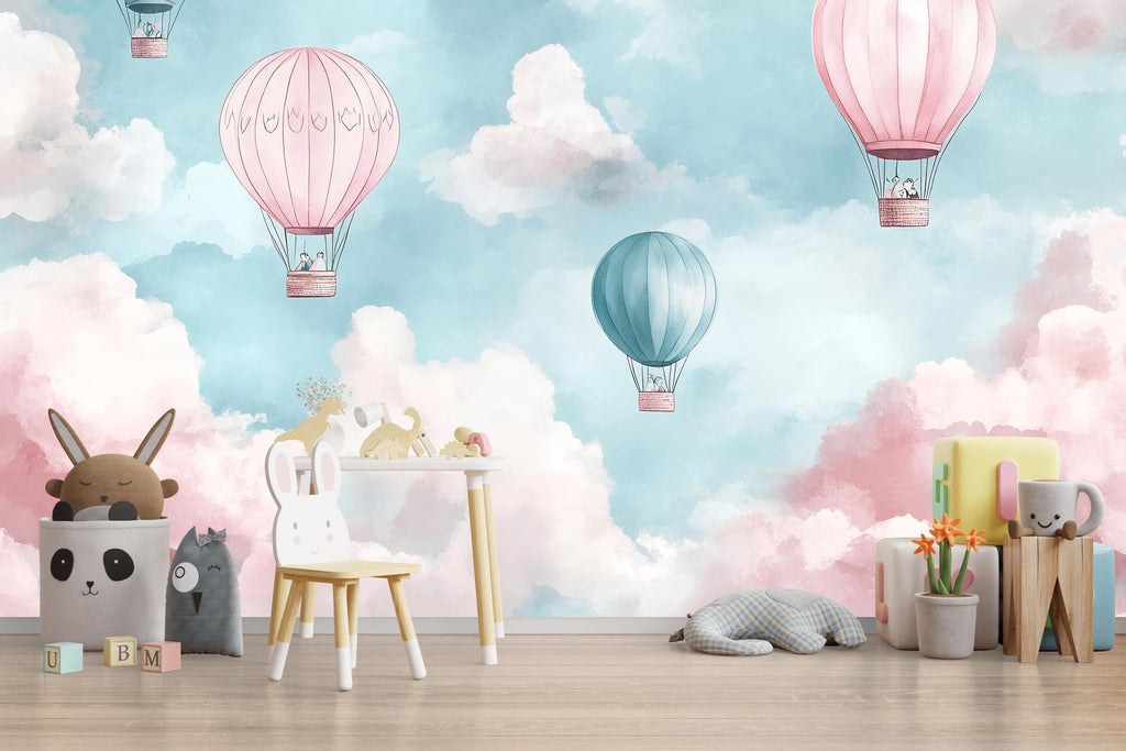 Hot Air Balloon Wallpaper For Nursery – Pink And Teal Cloud Wall Mural – 3D Peel And Stick Stylish Kids Room Decor – Modern Bold Baby