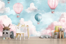 Load image into Gallery viewer, Hot Air Balloon Wallpaper For Nursery – Pink And Teal Cloud Wall Mural – 3D Peel And Stick Stylish Kids Room Decor – Modern Bold Baby