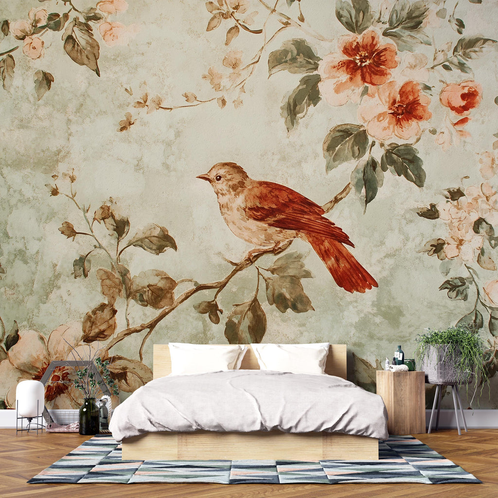 Vintage Bird Floral Wallpaper Mural – 3D Botanical Wall Decor – Peel And Stick Stylish Bedroom Living Room Wallpaper – Modern Bold Holiday