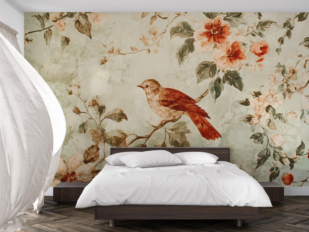 Vintage Bird Floral Wallpaper Mural – 3D Botanical Wall Decor – Peel And Stick Stylish Bedroom Living Room Wallpaper – Modern Bold Holiday