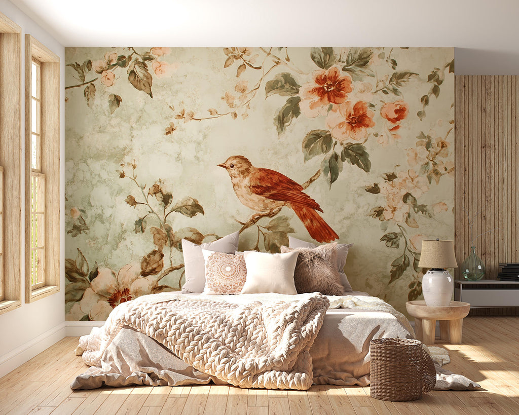 Vintage Bird Floral Wallpaper Mural – 3D Botanical Wall Decor – Peel And Stick Stylish Bedroom Living Room Wallpaper – Modern Bold Holiday
