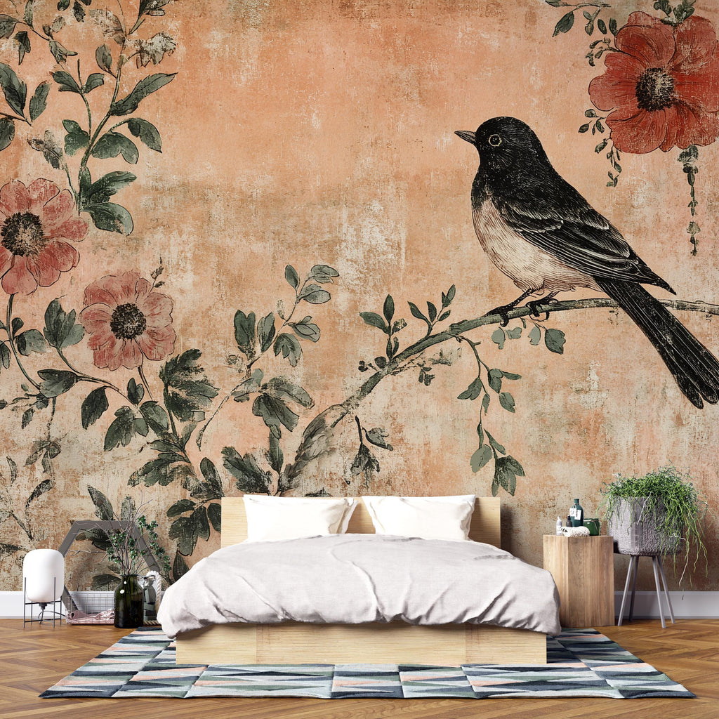 Vintage Black Bird Floral Wallpaper Mural – Rustic Botanical Wall Decor – 3D Peel And Stick Stylish Bedroom Living Room Wallpaper