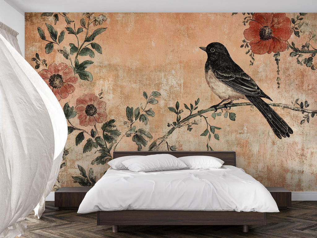 Vintage Black Bird Floral Wallpaper Mural – Rustic Botanical Wall Decor – 3D Peel And Stick Stylish Bedroom Living Room Wallpaper