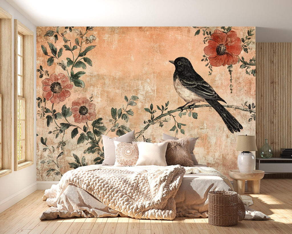 Vintage Black Bird Floral Wallpaper Mural – Rustic Botanical Wall Decor – 3D Peel And Stick Stylish Bedroom Living Room Wallpaper