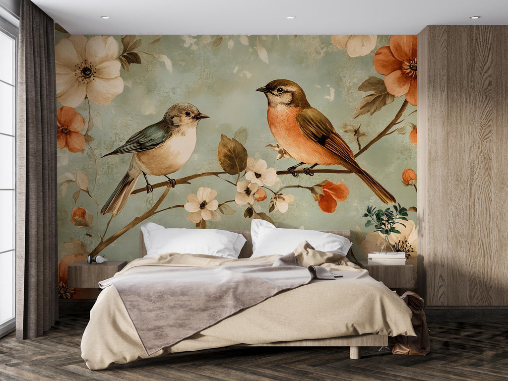 Vintage Bird Floral Wallpaper Mural – Two Songbirds Botanical Wall Decor – 3D Peel And Stick Stylish Bedroom Living Room Wallpaper
