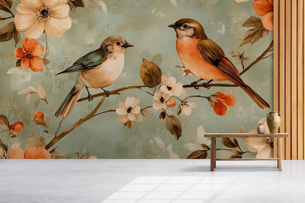 Vintage Bird Floral Wallpaper Mural – Two Songbirds Botanical Wall Decor – 3D Peel And Stick Stylish Bedroom Living Room Wallpaper