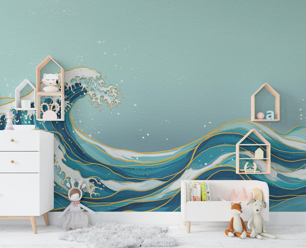 Ocean Wave Watercolor Wave Wallpaper Ocean Nursery Peel Stick room Wallpaper Nursery Self Adhesive Ocean nursery decor Mural 907RS