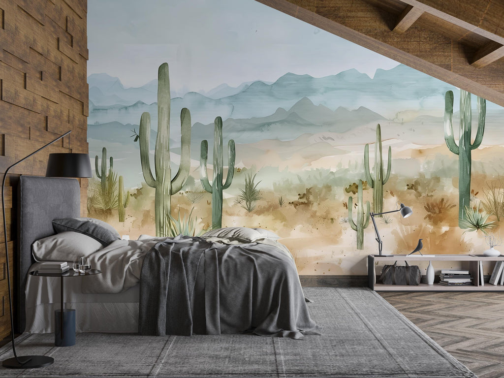 Watercolor Desert Cactus Wallpaper Mural – Southwest Mountain Wall Decor – 3D Peel And Stick Stylish Bedroom Living Room Wallpaper – Modern