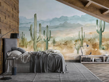 Load image into Gallery viewer, Watercolor Desert Cactus Wallpaper Mural – Southwest Mountain Wall Decor – 3D Peel And Stick Stylish Bedroom Living Room Wallpaper – Modern