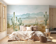 Load image into Gallery viewer, Watercolor Desert Cactus Wallpaper Mural – Southwest Mountain Wall Decor – 3D Peel And Stick Stylish Bedroom Living Room Wallpaper – Modern