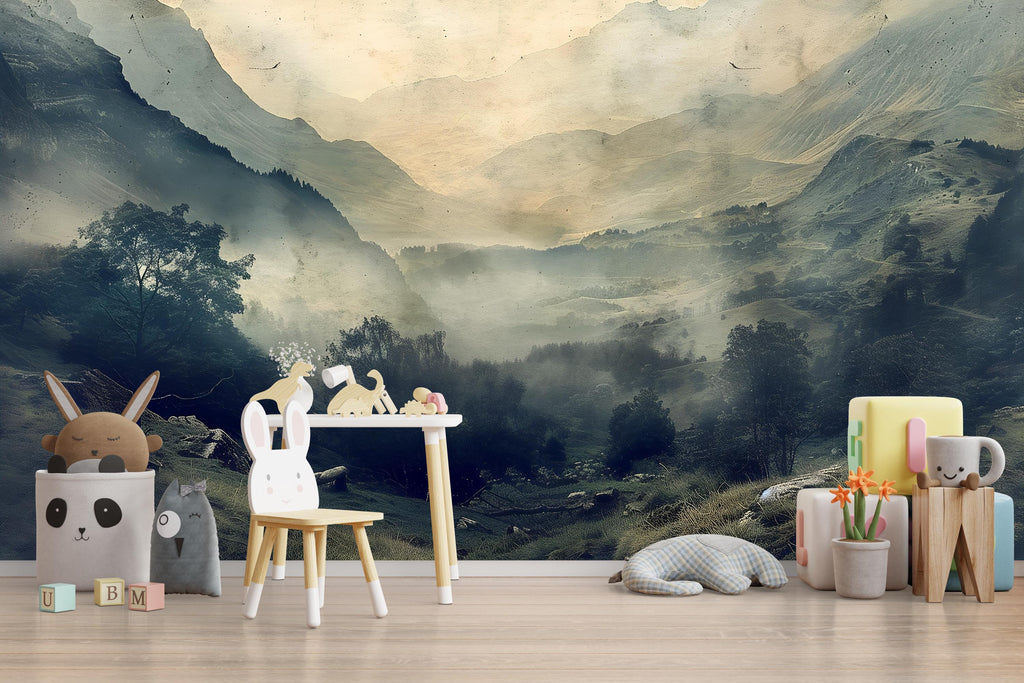 3D Mountain Landscape Wallpaper Mural | Stylish Wall Decor for Nursery Kids Room or Living Room | Modern Scenic Bold Wallpaper Gift Home