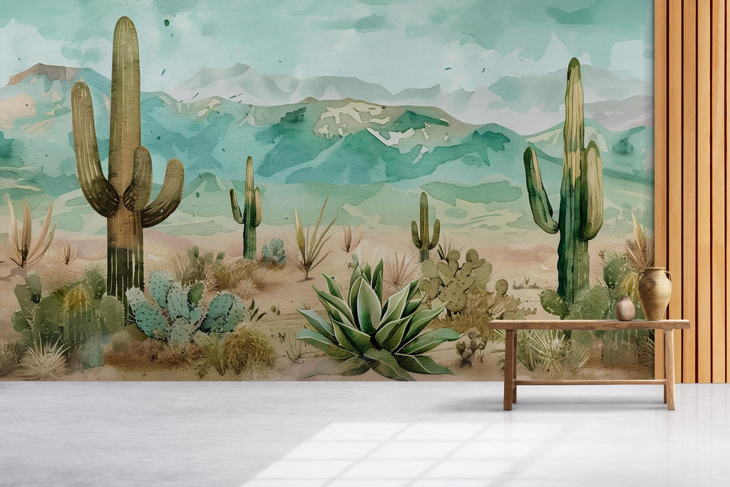3D Desert Cactus Landscape Wallpaper Mural | Stylish Modern Southwestern Wall Decor | Bold Nature Inspired Bedroom Living Room Wall Art Gift