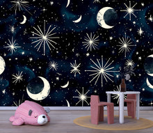 Load image into Gallery viewer, 3D Celestial Moon and Stars Wallpaper Mural | Stylish Night Sky Wall Decor for Nursery or Kids Room | Bold Modern Wall Art Gift for Home