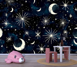 3D Celestial Moon and Stars Wallpaper Mural | Stylish Night Sky Wall Decor for Nursery or Kids Room | Bold Modern Wall Art Gift for Home