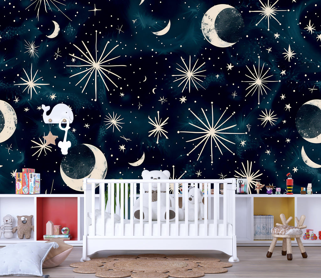 3D Celestial Moon and Stars Wallpaper Mural | Stylish Night Sky Wall Decor for Nursery or Kids Room | Bold Modern Wall Art Gift for Home