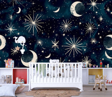 Load image into Gallery viewer, 3D Celestial Moon and Stars Wallpaper Mural | Stylish Night Sky Wall Decor for Nursery or Kids Room | Bold Modern Wall Art Gift for Home