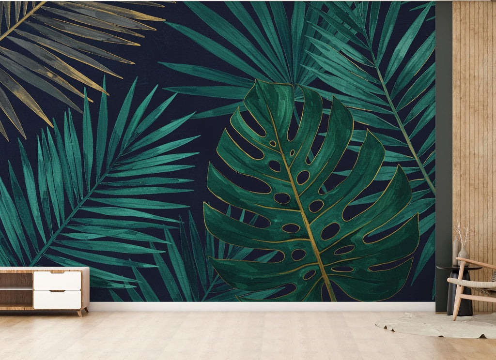 Tropical Leaf Wallpaper Watercolor Wall Mural – Tropical wall decor leaf wall decal, wall art Kids Room or Nursery 909RS