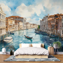 Load image into Gallery viewer, Venice Canal Wallpaper Mural – 3D Watercolor City Wall Art With Gondolas, Italy Style Peel And Stick Wallpaper For Living Room