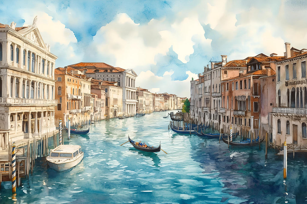 Venice Canal Wallpaper Mural – 3D Watercolor City Wall Art With Gondolas, Italy Style Peel And Stick Wallpaper For Living Room