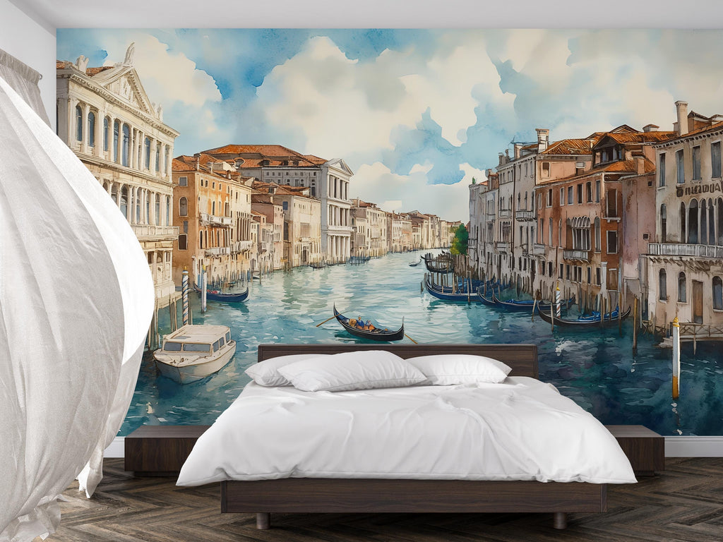 Venice Canal Wallpaper Mural – 3D Watercolor City Wall Art With Gondolas, Italy Style Peel And Stick Wallpaper For Living Room