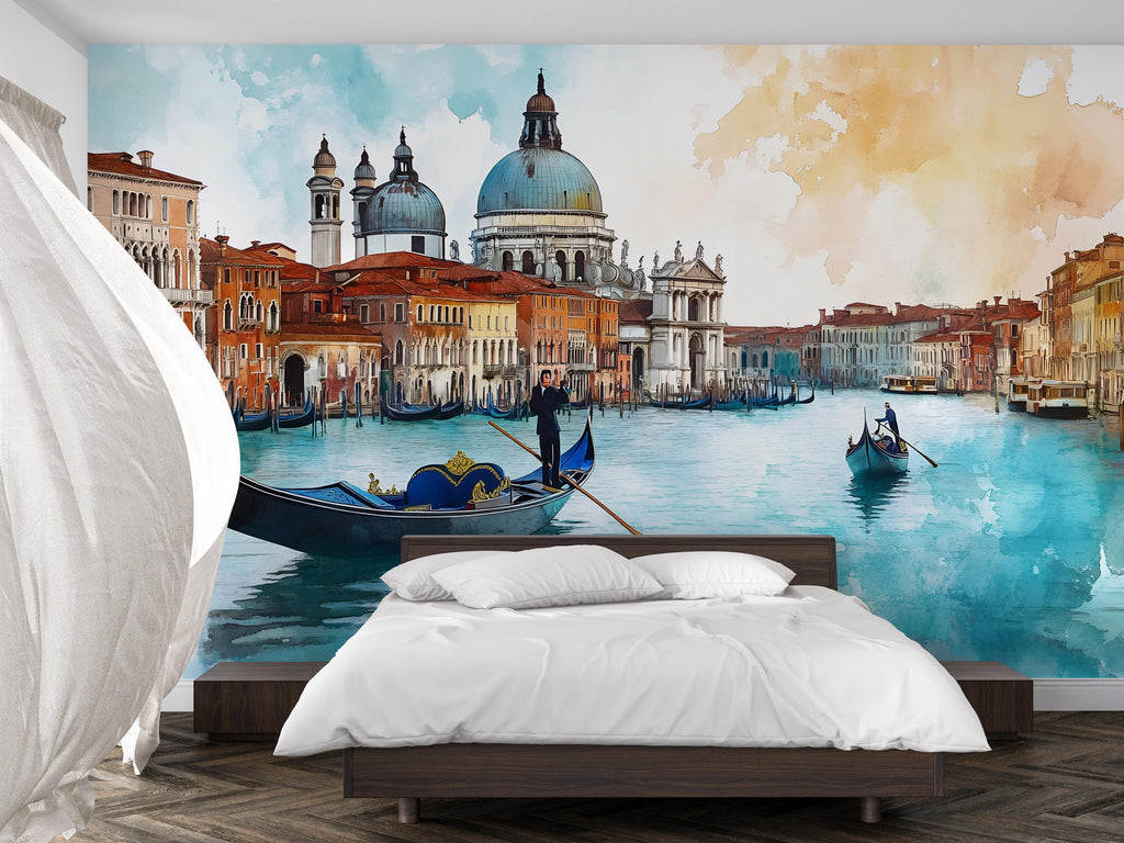 Venice Canal View 3D Wallpaper Mural – Italian Cityscape Wall Decor With Gondola – Modern Bold Stylish Room Accent – Living Room Bedroom