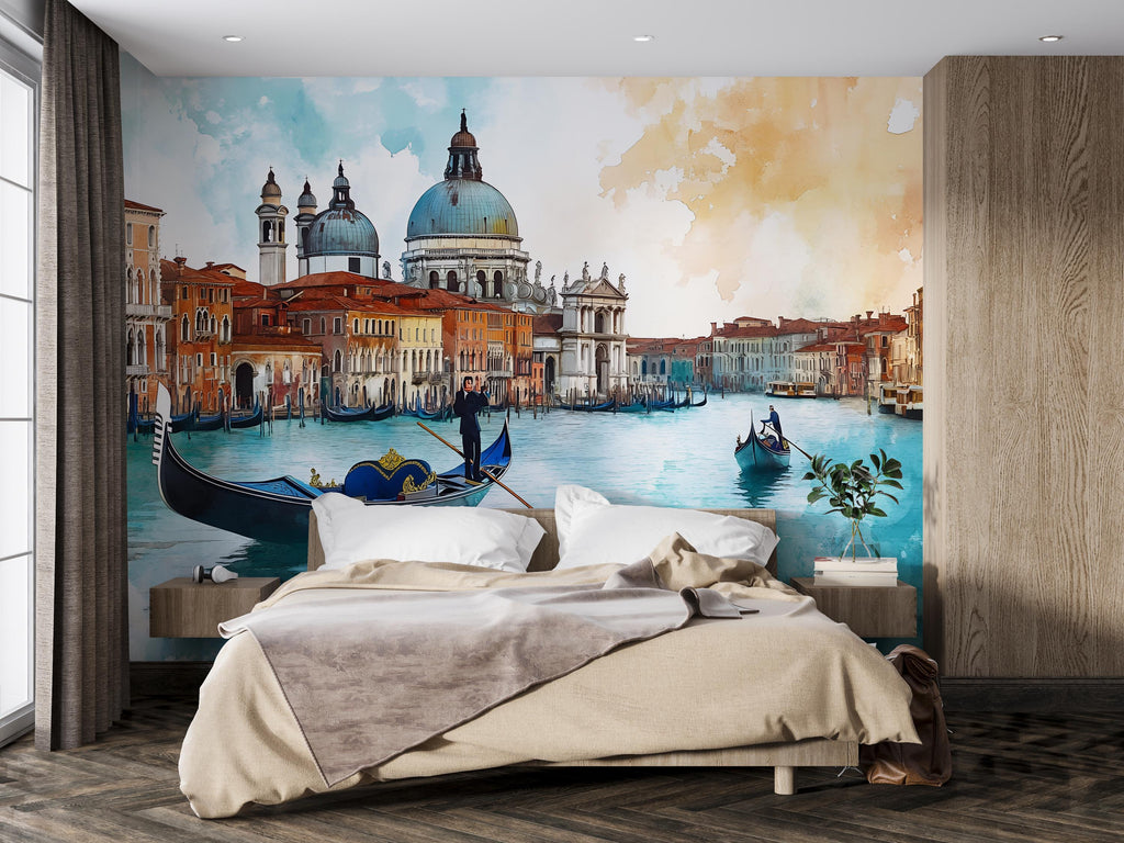 Venice Canal View 3D Wallpaper Mural – Italian Cityscape Wall Decor With Gondola – Modern Bold Stylish Room Accent – Living Room Bedroom