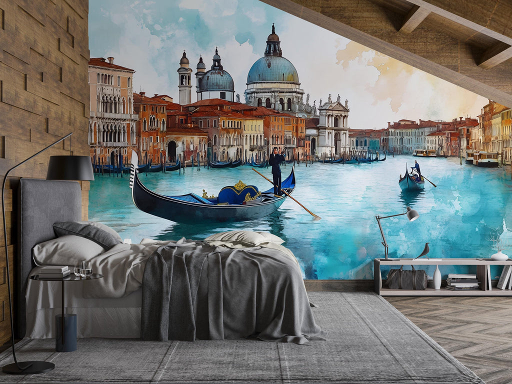 Venice Canal View 3D Wallpaper Mural – Italian Cityscape Wall Decor With Gondola – Modern Bold Stylish Room Accent – Living Room Bedroom