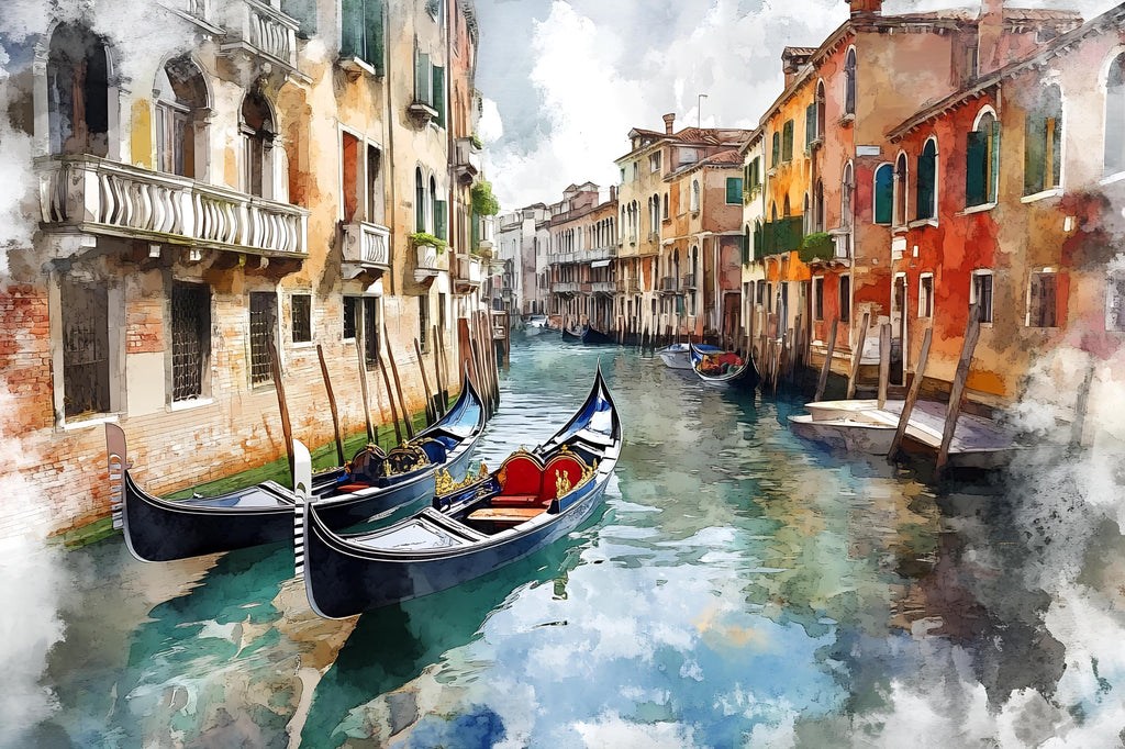 Venice Gondola Canal Wallpaper Mural – 3D Watercolor Cityscape Wall Decor, Modern Bold Bedroom Living Room Stylish Gift, Italian City Wall