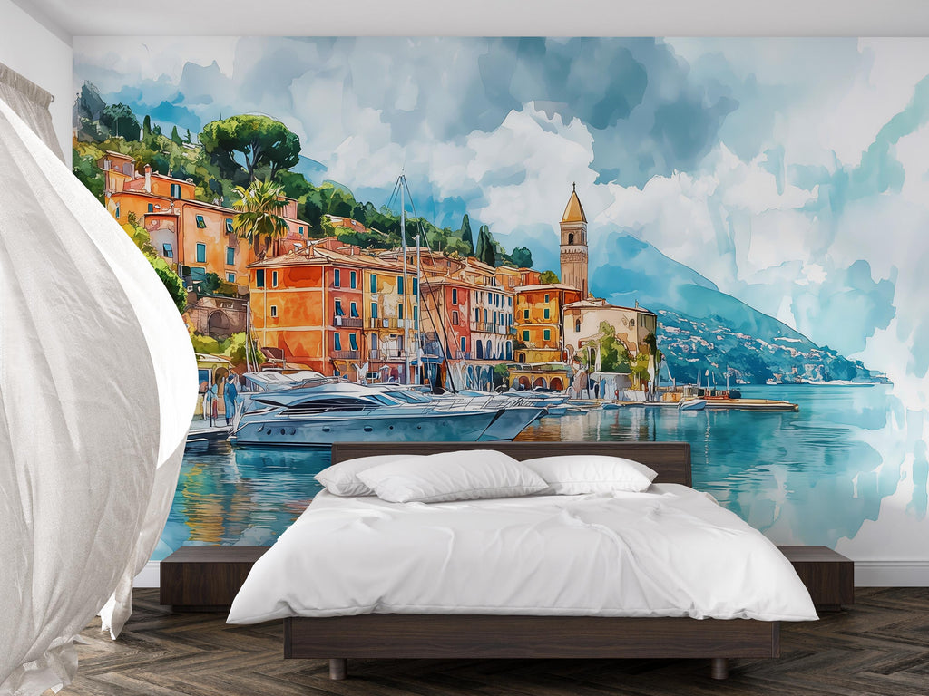 Stylish 3D Wallpaper Italy Portofino Village Seaside Wall Mural | Modern Bold Wall Decor Coastal Landscape | Gift For Home Bedroom