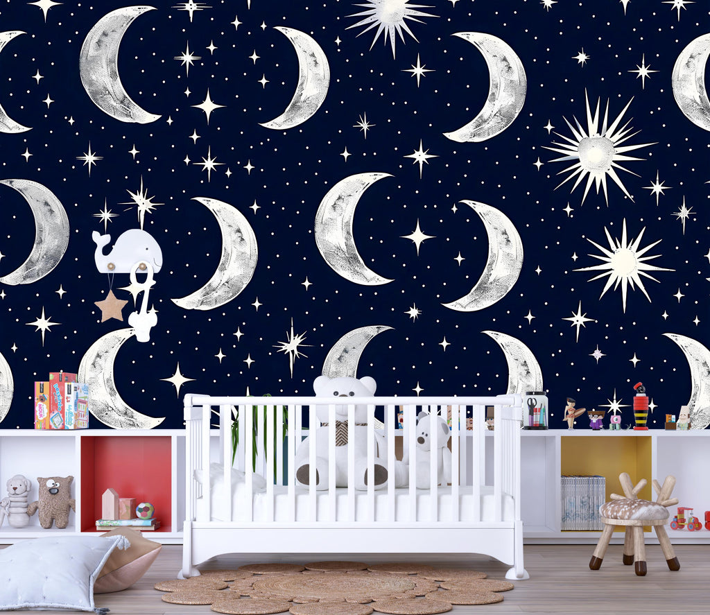 3D Moon and Stars Celestial Wallpaper Mural | Stylish Nursery Kids Room Wall Decor | Bold Modern Night Sky Wall Art Gift for Home Makeover