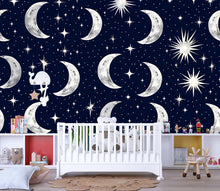 Load image into Gallery viewer, 3D Moon and Stars Celestial Wallpaper Mural | Stylish Nursery Kids Room Wall Decor | Bold Modern Night Sky Wall Art Gift for Home Makeover