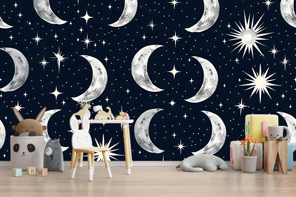 3D Moon and Stars Celestial Wallpaper Mural | Stylish Nursery Kids Room Wall Decor | Bold Modern Night Sky Wall Art Gift for Home Makeover