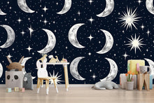 Load image into Gallery viewer, 3D Moon and Stars Celestial Wallpaper Mural | Stylish Nursery Kids Room Wall Decor | Bold Modern Night Sky Wall Art Gift for Home Makeover