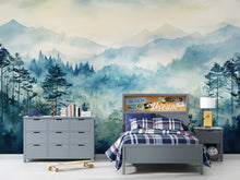 Load image into Gallery viewer, 3D Watercolor Forest Mountain Wallpaper Mural | Stylish Modern Wall Decor for Kids Room, Teen Bedroom or Nursery | Bold Scenic Wall Art Gift