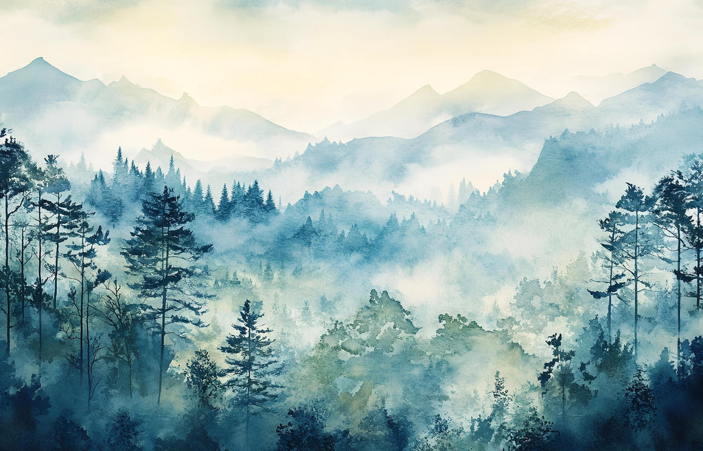 3D Watercolor Forest Mountain Wallpaper Mural | Stylish Modern Wall Decor for Kids Room, Teen Bedroom or Nursery | Bold Scenic Wall Art Gift