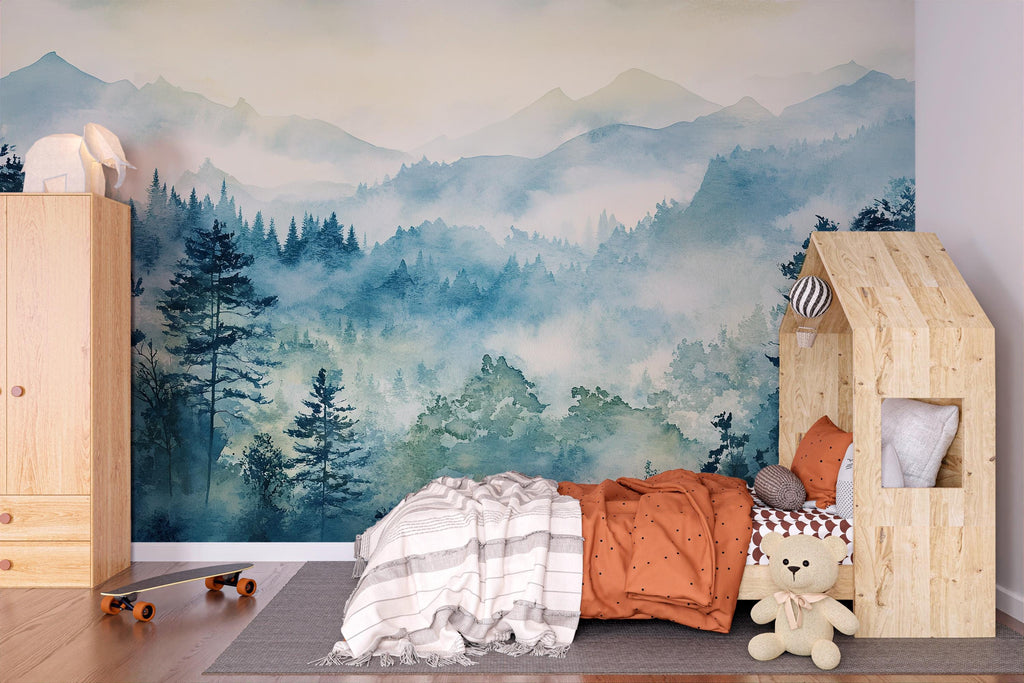 3D Watercolor Forest Mountain Wallpaper Mural | Stylish Modern Wall Decor for Kids Room, Teen Bedroom or Nursery | Bold Scenic Wall Art Gift
