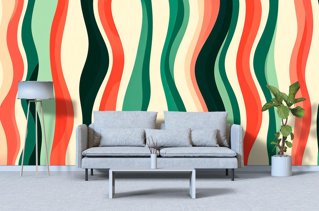 3D Retro Wave Stripes Wallpaper Mural | Stylish Bold Modern Wall Decor | Colorful Abstract Wavy Lines Art for Living Room Bedroom Gift Home