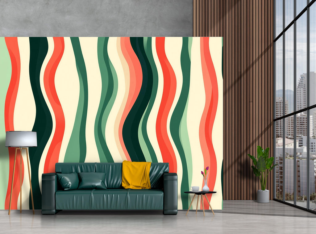 3D Retro Wave Stripes Wallpaper Mural | Stylish Bold Modern Wall Decor | Colorful Abstract Wavy Lines Art for Living Room Bedroom Gift Home