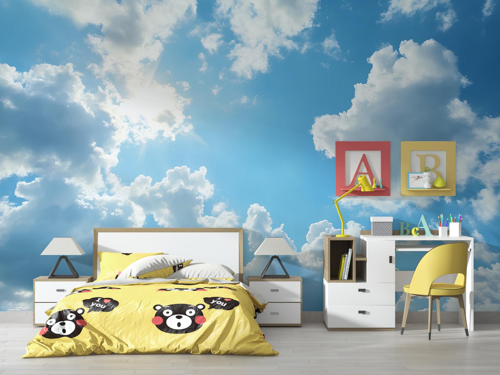 3D Sky and Clouds Wallpaper Mural | Stylish Bold Modern Wall Decor | Realistic Blue Sky Wall Art for Bedroom, Kids Room, Office | Gift Home