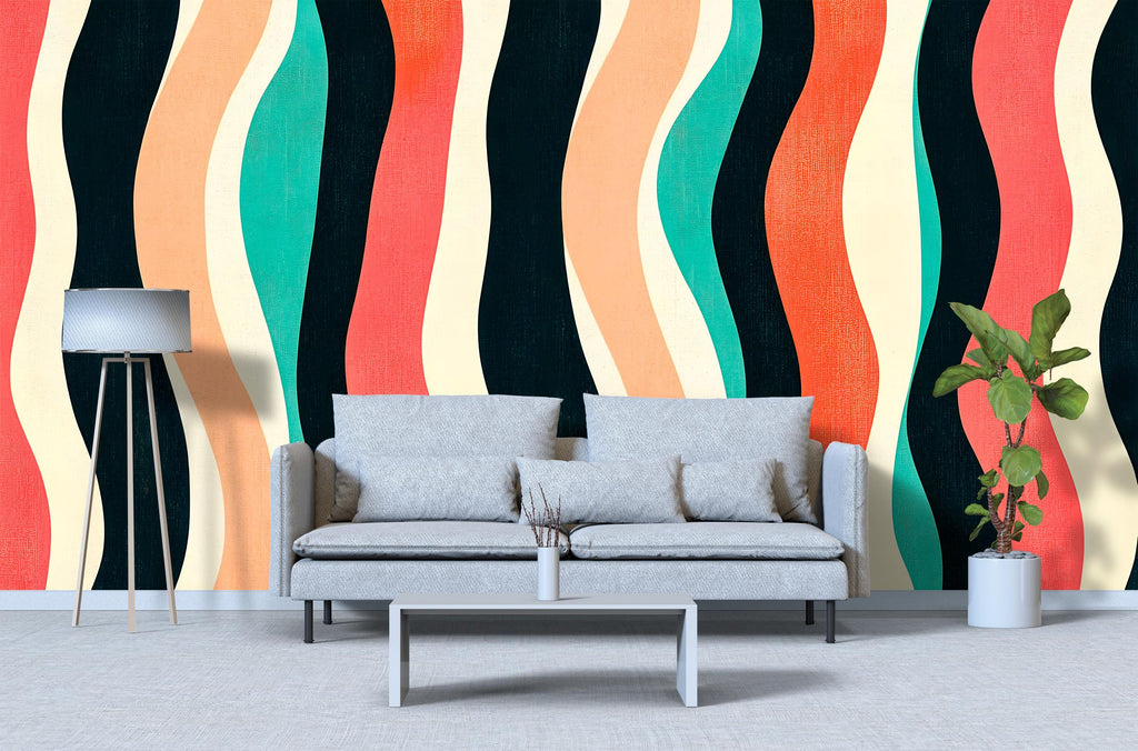 3D Retro Wavy Stripes Wallpaper Mural | Bold Stylish Modern Wall Decor | Abstract Colorful Lines Wall Art for Living Room Bedroom Office