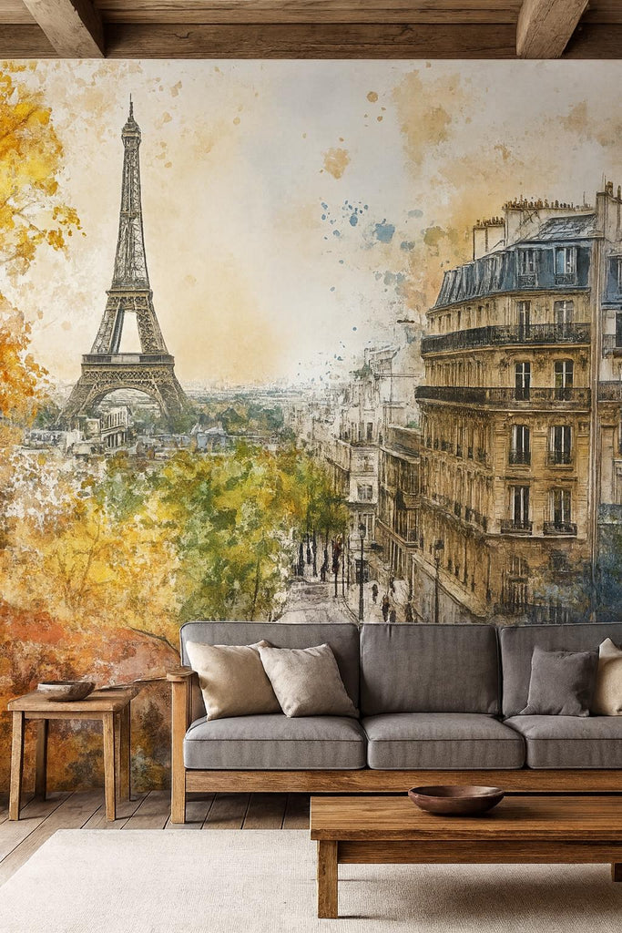 Paris Eiffel Tower Cityscape 3D Wallpaper Mural | Stylish Wall Decor for Bedroom Living Room Office | Bold Modern Removable Wallpaper
