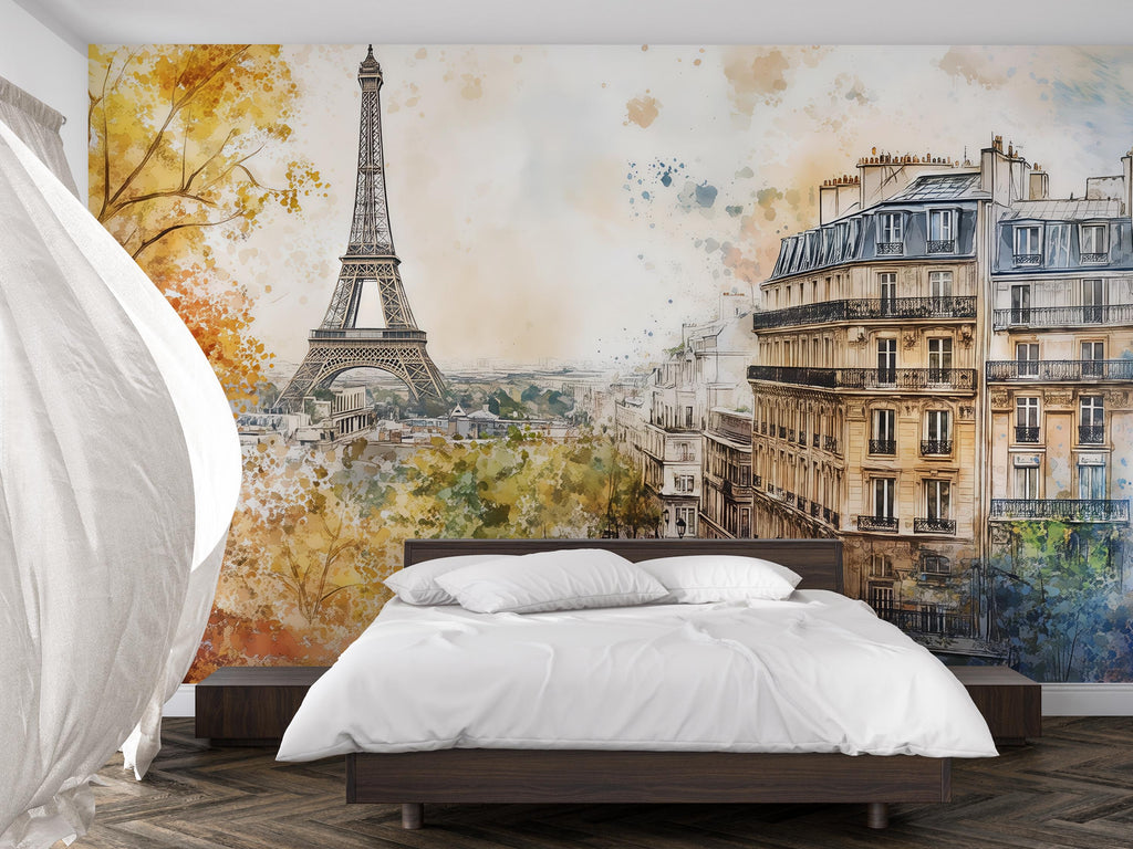 Paris Eiffel Tower Cityscape 3D Wallpaper Mural | Stylish Wall Decor for Bedroom Living Room Office | Bold Modern Removable Wallpaper