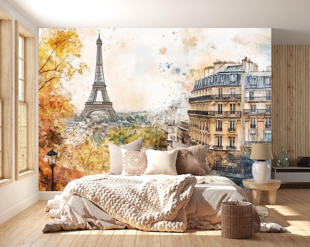 Paris Eiffel Tower Cityscape 3D Wallpaper Mural | Stylish Wall Decor for Bedroom Living Room Office | Bold Modern Removable Wallpaper