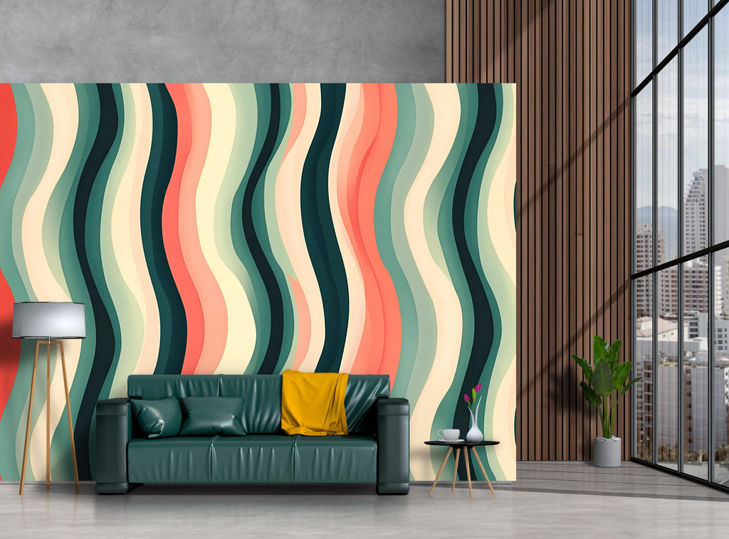 3D Retro Wave Stripes Wallpaper Mural | Bold Stylish Modern Wall Decor | Layered Abstract Wavy Lines for Living Room Bedroom Office | Gift