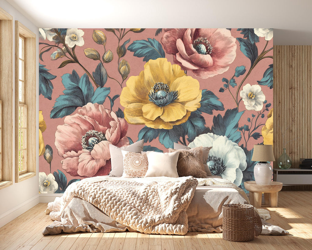 3D Oversized Floral Wallpaper Mural | Bold Vintage Botanical Wall Decor | Stylish Modern Wall Art for Bedroom Living Room Office
