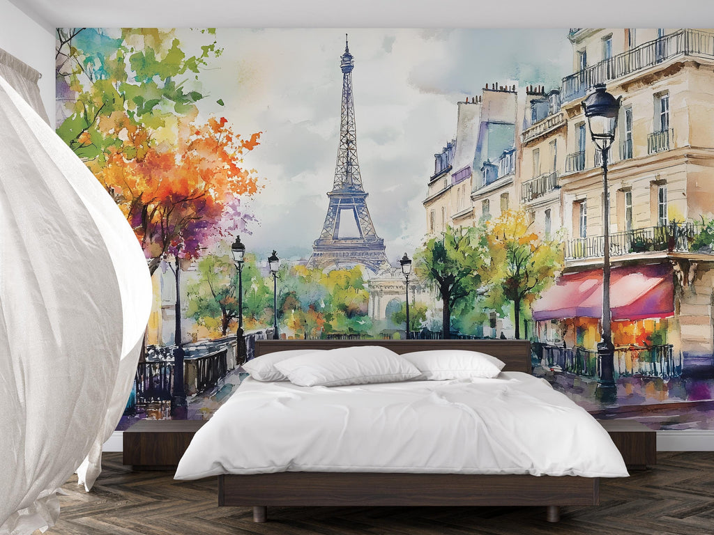 Paris Eiffel Tower Watercolor 3D Wallpaper Mural | Modern Bold Stylish Wall Decor for Bedroom Living Room Office | Unique Gift Travel